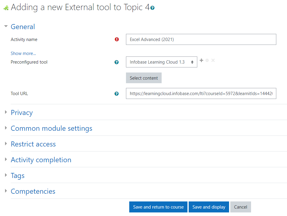 Moodle LTI 1.3 Adding Content – Infobase Learning Cloud